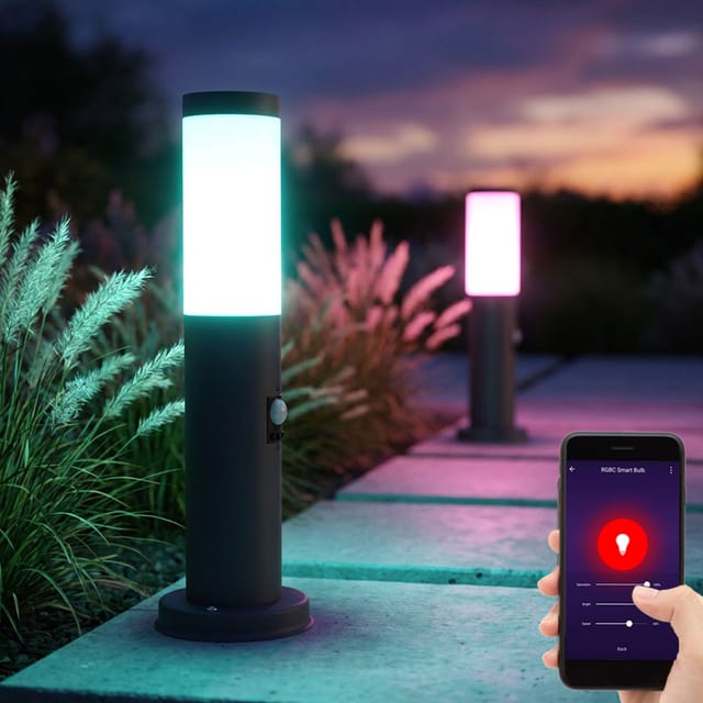 Außenstehlampe mit Bewegungsmelder Gartenlampe Edelstahl Smart led Wegeleuchte dimmbar mit Fernbedienung anthrazit Außenleuchte, rgb Farbwechsel,