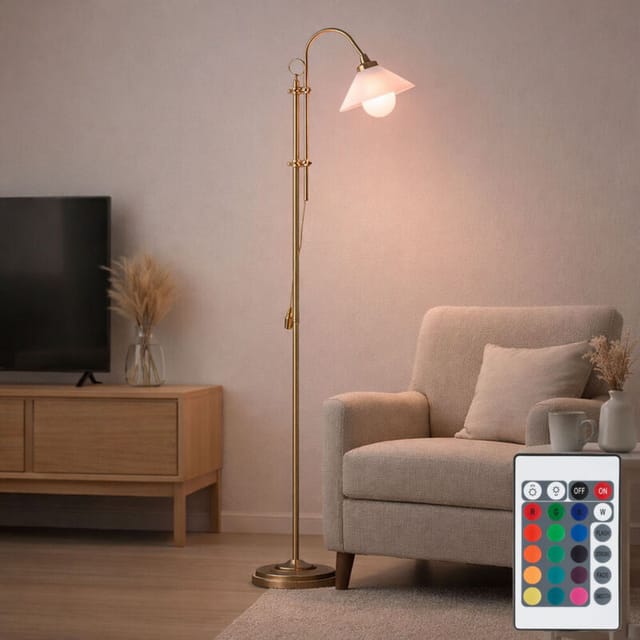 Standleuchte mit Fernbedienung Stehlampe höhenverstellbar Bogenlampe dimmbar, Metall altmessing, Kabelschalter, 8,5W 806Lm warmweiß, h 145-170 cm