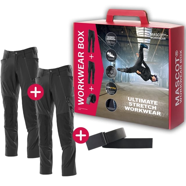 Workwear Box inkl. 2x ultimate stretch Arbeitshose 18479 & gratis Gürtel, Farbe: Schwarz - 09, Größe: 58 - Mascot