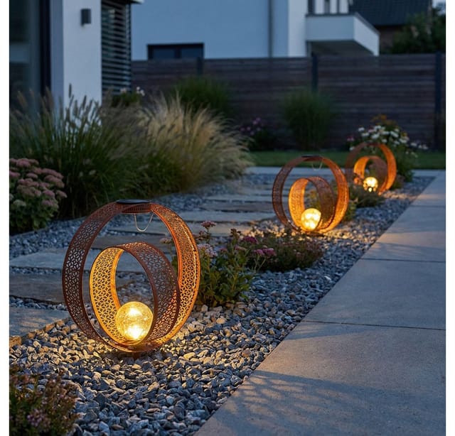 Solarlampe orientalische Kugel Dekoleuchte Garten Solar Solarlampe Metall für Außen, Crackle Glas, rost Optik, 1x led 0,06W warmweiß, LxBxH 30x20x42