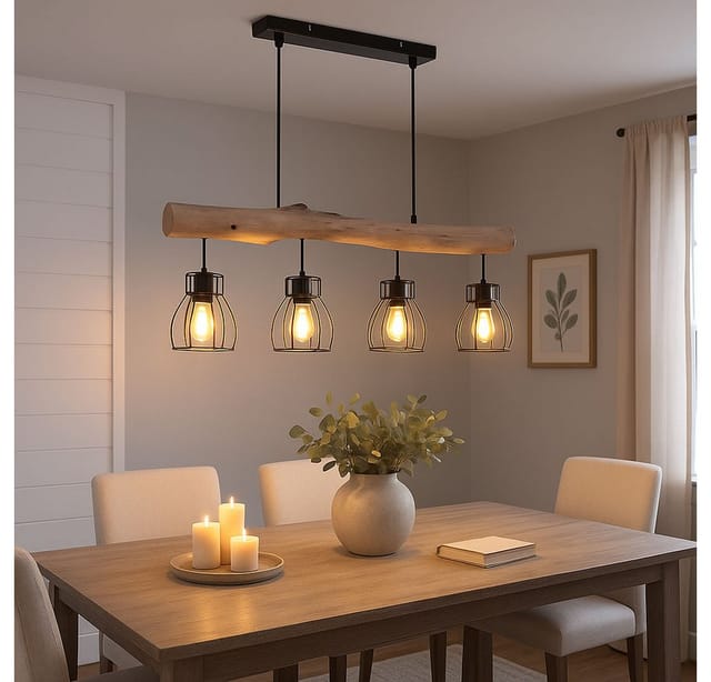 Led Hängelampe Holzbalken Pendelleuchte 4 flammig Esstischlampe Käfig Design, Metall schwarz, 4x 7W 4x 806lm warmweiß, LxH 82,5 x 140 cm