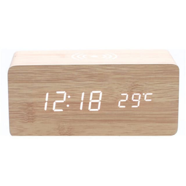 Cyslmuk - 1 x beige Holzwecker mit kabellosem Qi-Ladegerät, kompatibel mit iPhone, Samsung, Holz-LED-Digitaluhr, Klangsteuerungsfunktion, Uhrzeit,