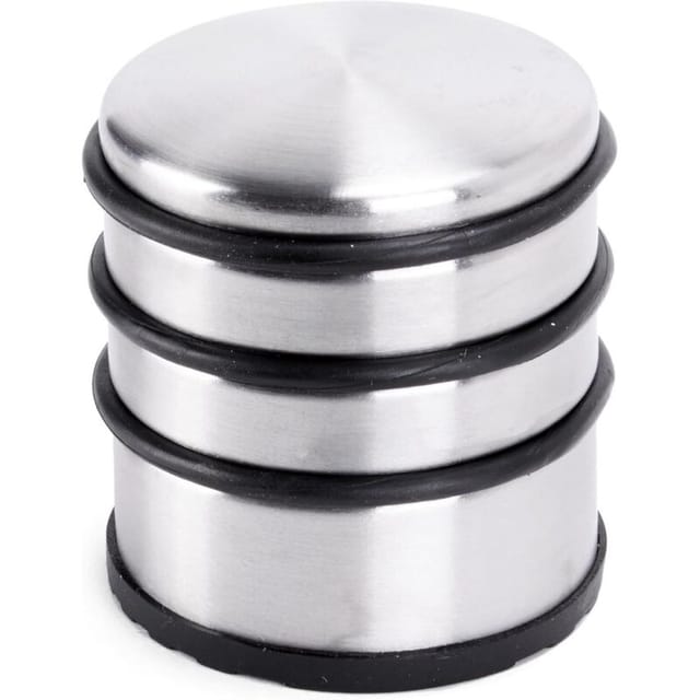 SHINING HOUSE Türstopper aus matt gebürstetem Edelstahl ⌀ 7cm, Höhe: 8cm Massiver Türstopper 1,1 kg auch für schwere Türen 3 hochwertige Gummiringe