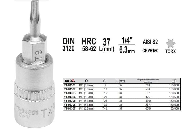 Torx-schlüssel 1/4'''' T25 L37MM / YT-04305 / Yato