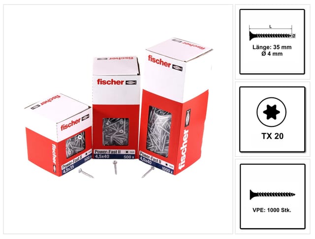 Fischer - 1.000x Power-Fast ii fpf ii ctf 4 x 35 mm bc Senkkopf mit Innenstern TX20 Vollgewinde galvanisch verzinkt blau passiviert - 670625