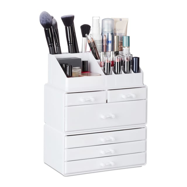 Relaxdays - Kosmetikorganizer mit 6 Schubladen, 22 Fächer Make Up Organizer, große Schmink-Aufbewahrung aus Acryl, weiß
