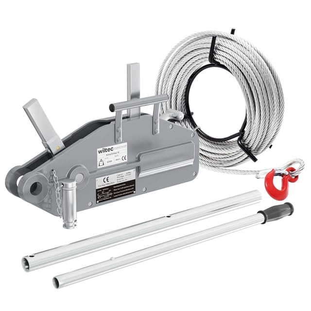 Seilzug bis 1600 kg Seilwinde mit 20 m Seil, Handseilwinde mit ø 11 mm Stahl-Seil, Forstseilwinde mit Abscherstift, Handseilzug mit Lasthaken - Wiltec