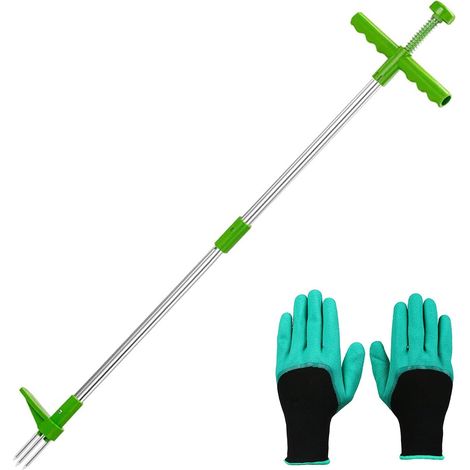 Teleskop-handunkrautstecher, Gartenunkrautzieher, Vertikal-unkrautstecher Mit 3 Rotierenden Edelstahlzinken, Selektives Rasenunkrautbekämpfungsmittel, Für Disteln, Unkraut Usw. (mit Handschuhen)