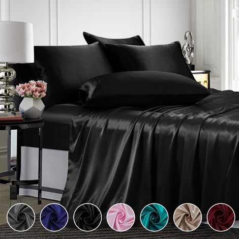 Satinbettwäsche, Seidenbettwäsche, Schwarzes Queensize-bettwäscheset, Spannbettlaken Mit Tiefen Taschen, 4-teilig