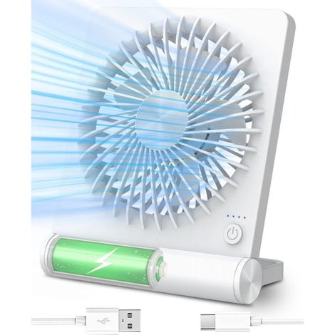 Kleiner Tischventilator, Usb-aufladbar, Batteriebetrieben, Ultraleise, Leistungsstarke Belüftung, 3 Geschwindigkeitsstufen, Weiß.