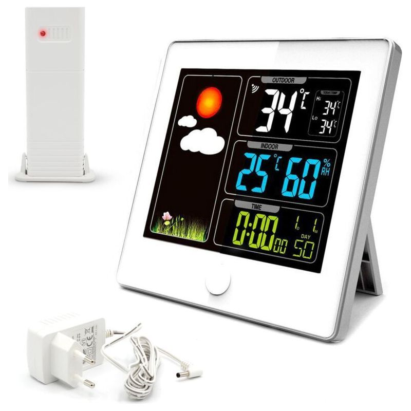 Color My Day Wetterstation – Farb-lcd-bildschirm – Temperatur, Luftfeuchtigkeit, Uhrzeit Und Datum – Inkl. Ladegerät – Weiß