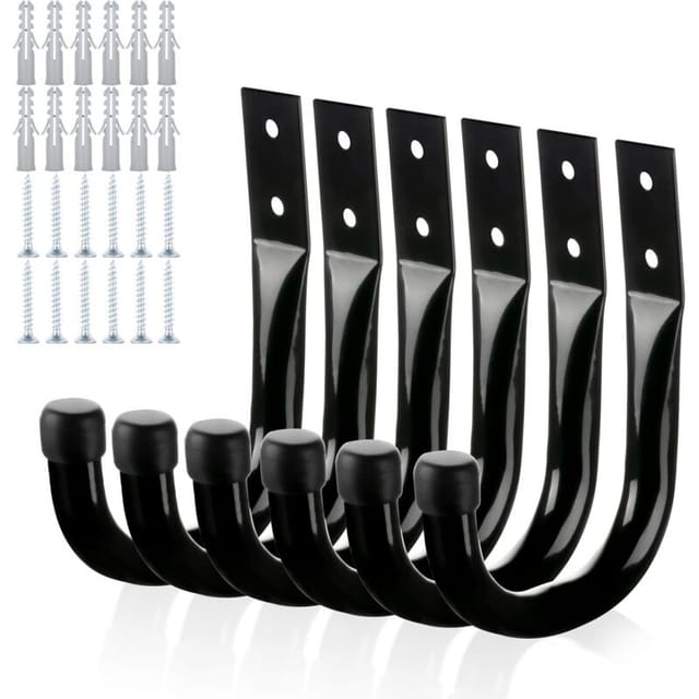 Set mit 6 robusten Metall-Wandhaken für die Garagenaufbewahrung und -organisation, große J-förmige Universalhaken, schwarz