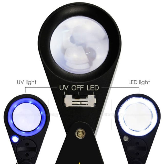 40-fache Vergrößerungsglas für Schmuck, LED/UV, 21-mm-Triplettlinse, optisches Glas, handliches Vergrößerungsglas für Juweliere, Philatelisten und