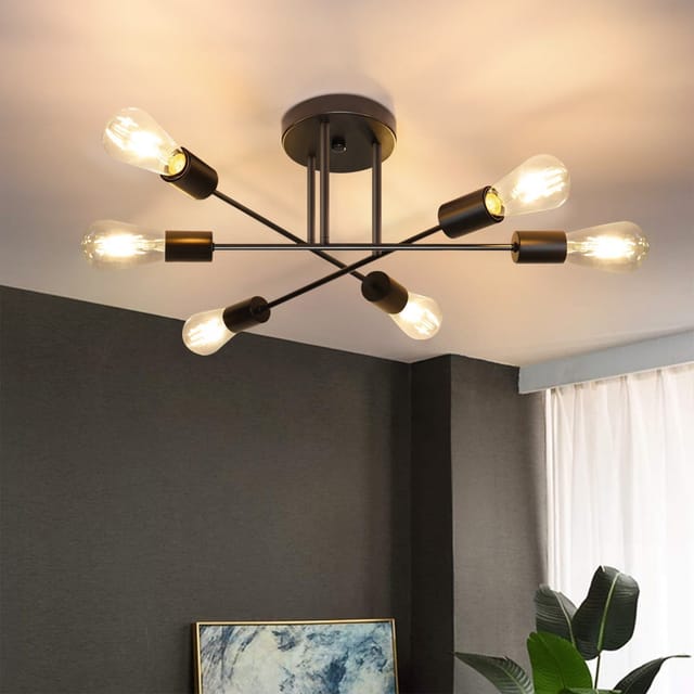 Deckenleuchte Vintage Retro 6 Flammenindustrielle Deckenlampe E27 Schwarz Kronleuchter Industrie Schlafzimmerlampe Esszimmer Rustikaler Stil (ohne Leuchtmittel) - Gbly