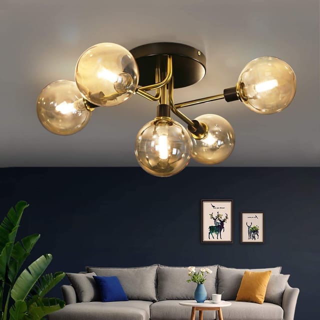 Wohnzimmer Deckenleuchte Mit 5-flammigen Glaskugeln G9 Fassung Deckenleuchte In Bernstein Rauch Schlafzimmer Innenlampe Kronenlampe Kinder Esszimmerlampe (ohne Leuchtmittel) - Gbly