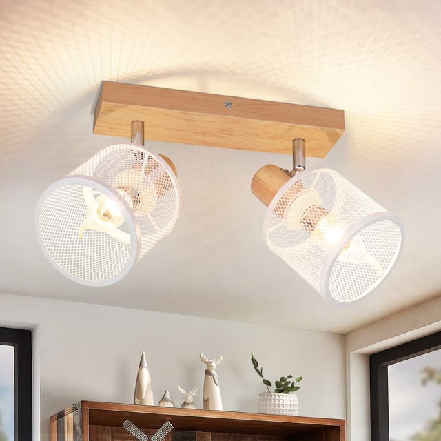 Gbly Deckenstrahler Weiß Deckenlampe Holz - Deckenleuchte E14 Deckenleuchte Schwenkbar 350° 2 Flammig Max.25w Wohnzimmerlampe Modern Für Wohnzimmer Schlafzimmer Küche Flur Innen Holzoptik