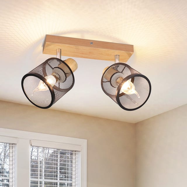 Deckenstrahler Schwarz Deckenlampe Holz - Deckenleuchte E14 Deckenleuchte Schwenkbar 350° 2 Flammig Max.25w Wohnzimmerlampe Modern Für Wohnzimmer Schlafzimmer Küche Flur Innen Holzoptik - Gbly