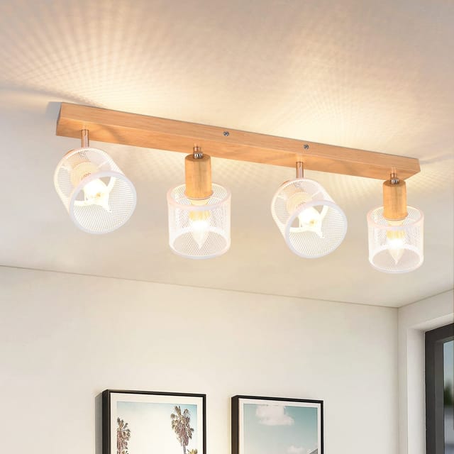 Gbly Deckenstrahler Weiß Deckenlampe Holz - Deckenleuchte E14 Deckenleuchte Schwenkbar 350° 4 Flammig Max.25w Wohnzimmerlampe Modern Für Wohnzimmer Schlafzimmer Küche Flur Innen Holzoptik