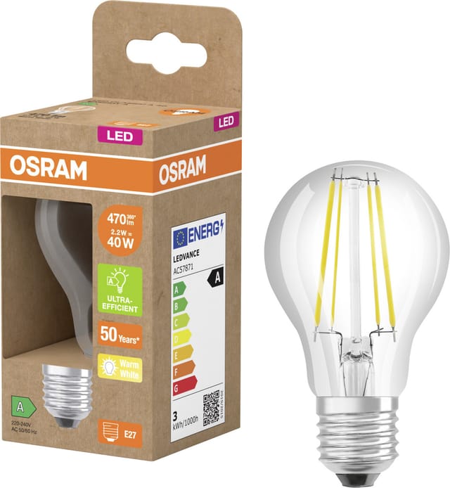 Osram - led Classic LED-Lampe mit Filament in klassischer Kolbenform, klarer Glasleuchtkörper, 2.2 w, E27 Fassung, eek a, 470 lm für die