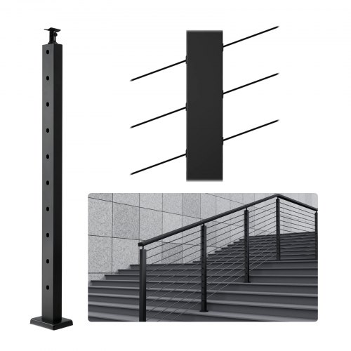 Vevor Kabelgeländerpfosten, 91,4 X 2,5 X 5,1 Cm, Stahl, 30° Abgewinkeltes Loch, 10 Vorgebohrte Löcher, Sus304 Edelstahl-kabelgeländerpfosten Mit Horizontaler Und Gebogener Halterung, 1er-pack, Schwarz