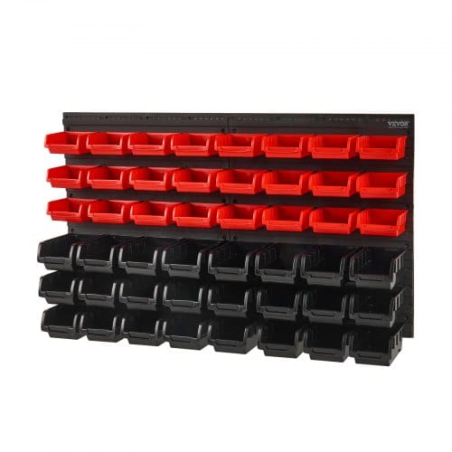 Vevor Stapelboxen, 48-behälter-teileregal-organizer Für Garage, Kunststoff-ladenwerkzeug Mit Wandpaneelen, Werkzeug-organizer Für Muttern, Bolzen, Schrauben, Nägel, Perlen, Knöpfe, Schwarz Und Rot