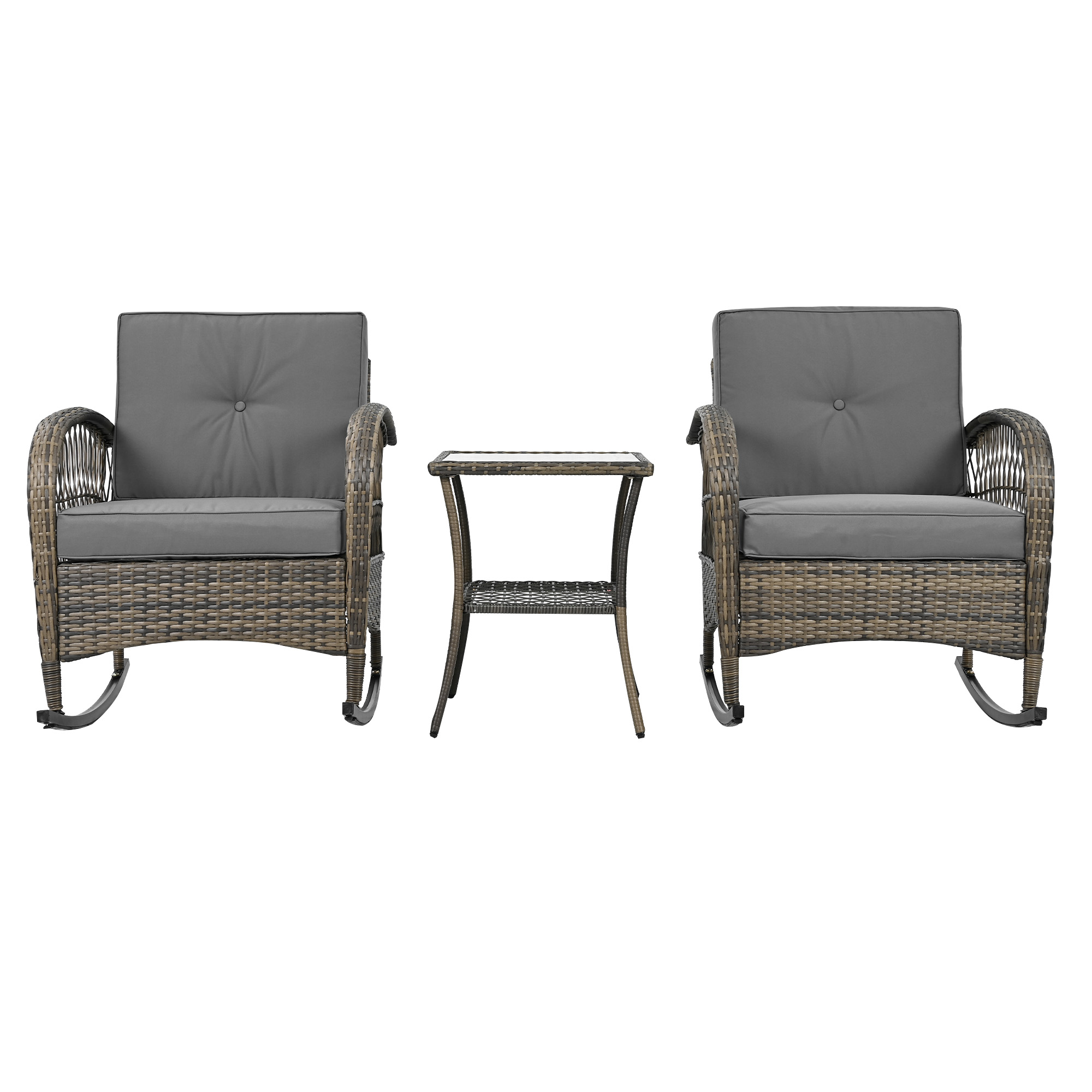 Elvmi Gartenlounge Mit 2 Schaukelstühlen Und 1 Beistelltisch, Kissen, Rattan, Grau