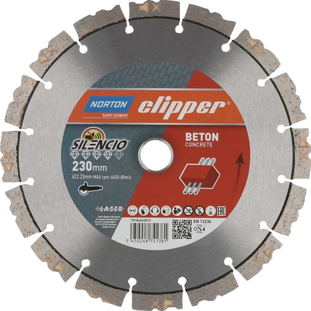 FP - Clipper Diamant Sägeblatt Pro Beton Silencio 230 x 22,23 mm mit 12 mm Segment, für Winkelschleifer, Ausführung: 230 x 22,23 mm