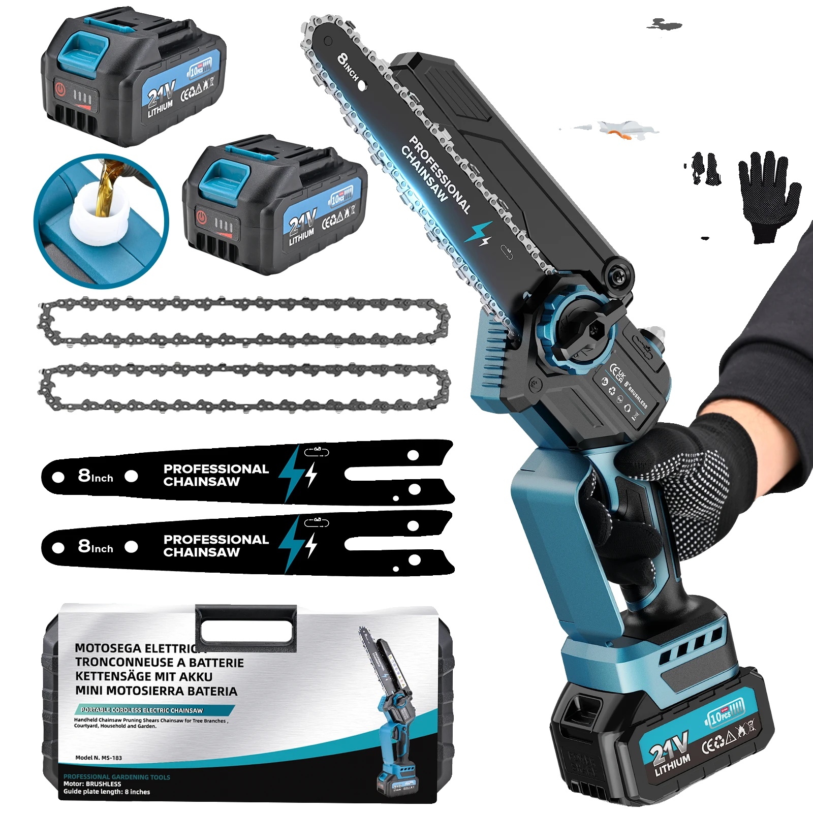 Kettensäge, 8000-mah-akku, Leichtes Design, Blau, 8 Zoll, Zwei Akkus