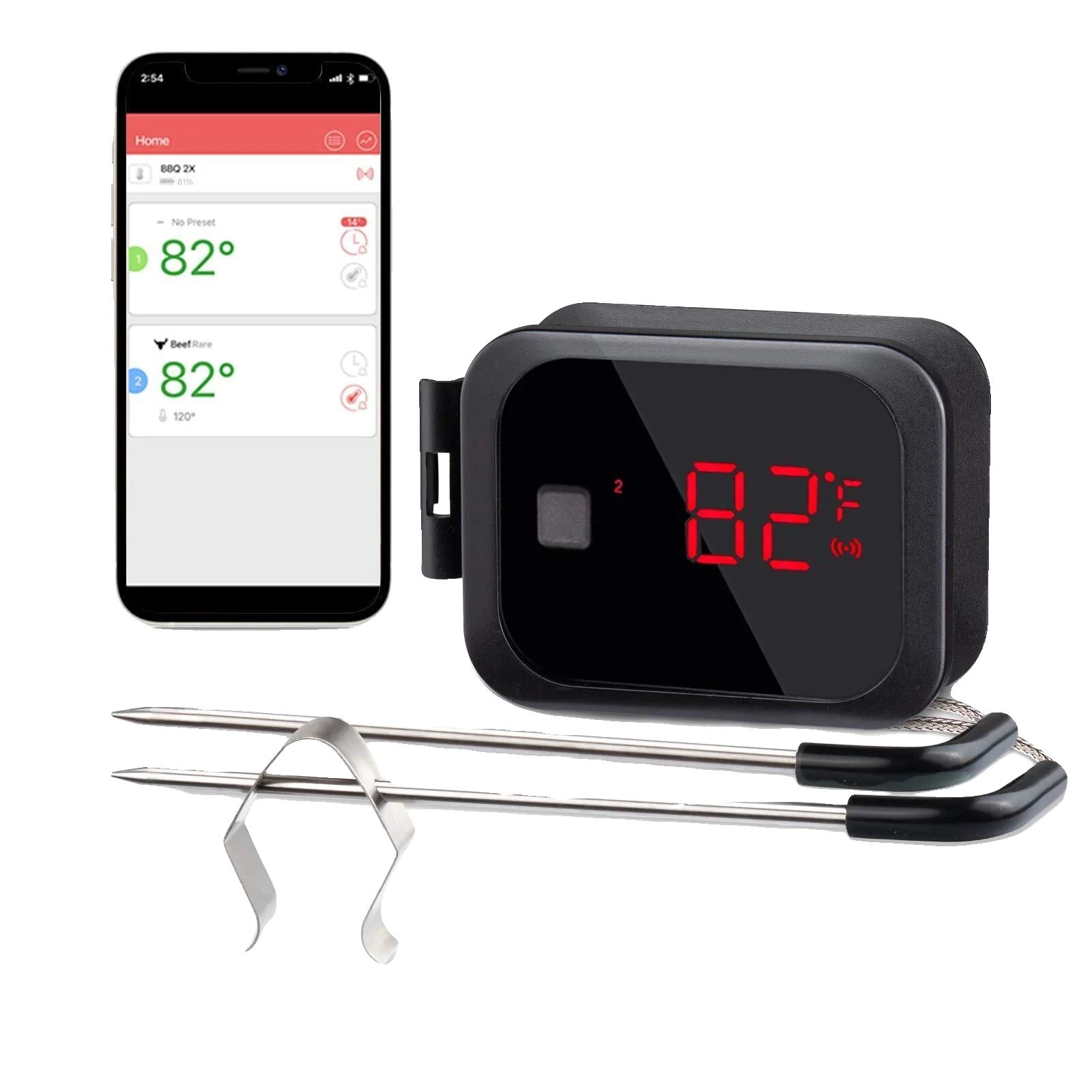 Bluetooth-fleischthermometer, Zwei Sonden, Temperaturalarm