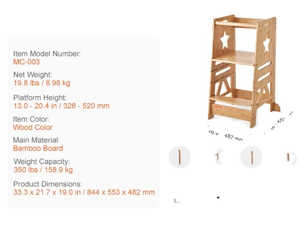 Tritthocker, Höhenverstellbar, Umweltfreundlicher Bambus, Weiss