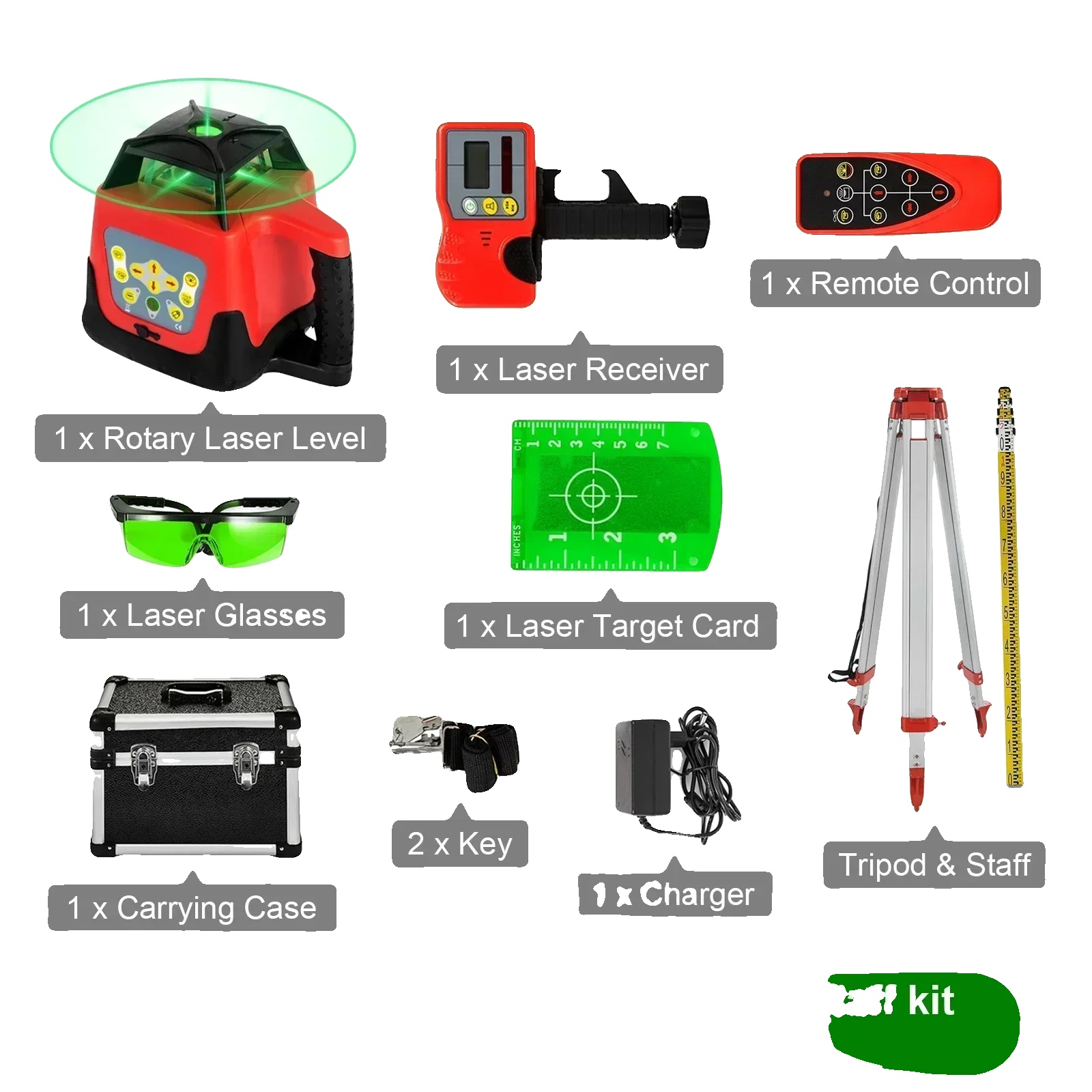 Rotationslaser-nivelliergerät, Selbstnivellierend, 500 M Messbereich, Grünes Laserstrahl-set 1
