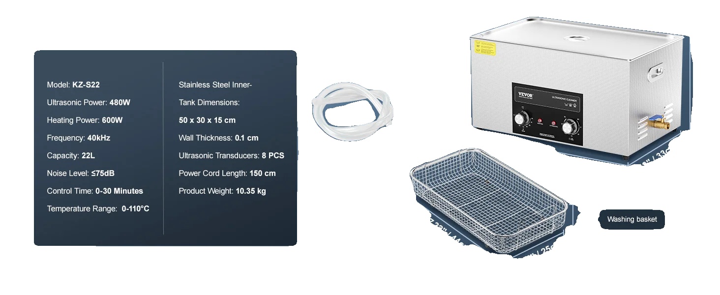 Ultraschallreiniger, Einstellbare Heizleistung, 40 Khz Frequenz, 22 L