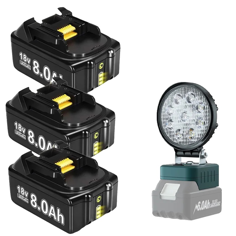 Akku Für Elektrowerkzeuge, 8000 Mah Kapazität, Kompatibel Mit Bl1830, 3 X 8,0 Ah, 1 X Arbeitsleuchte