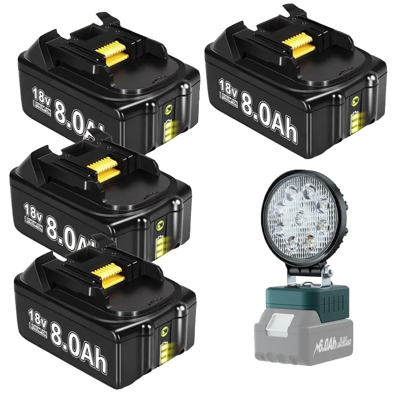 Akku Für Elektrowerkzeuge, 8000 Mah Kapazität, Kompatibel Mit Bl1830, 4 X 8,0 Ah, 1 X Arbeitsleuchte