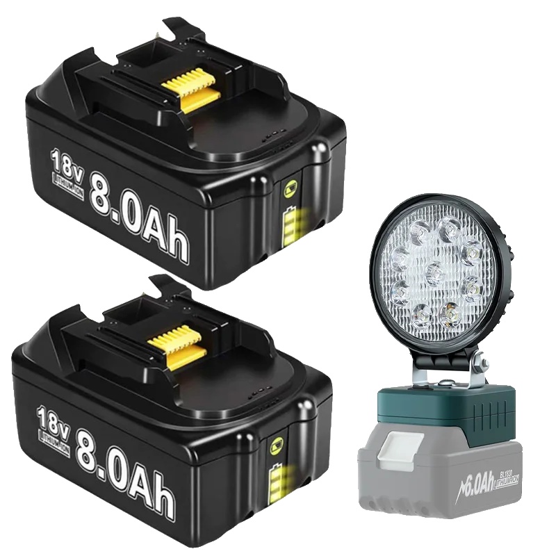 Akku Für Elektrowerkzeuge, 8000 Mah Kapazität, Kompatibel Mit Bl1830, 2 X 8,0 Ah, 1 X Arbeitsleuchte