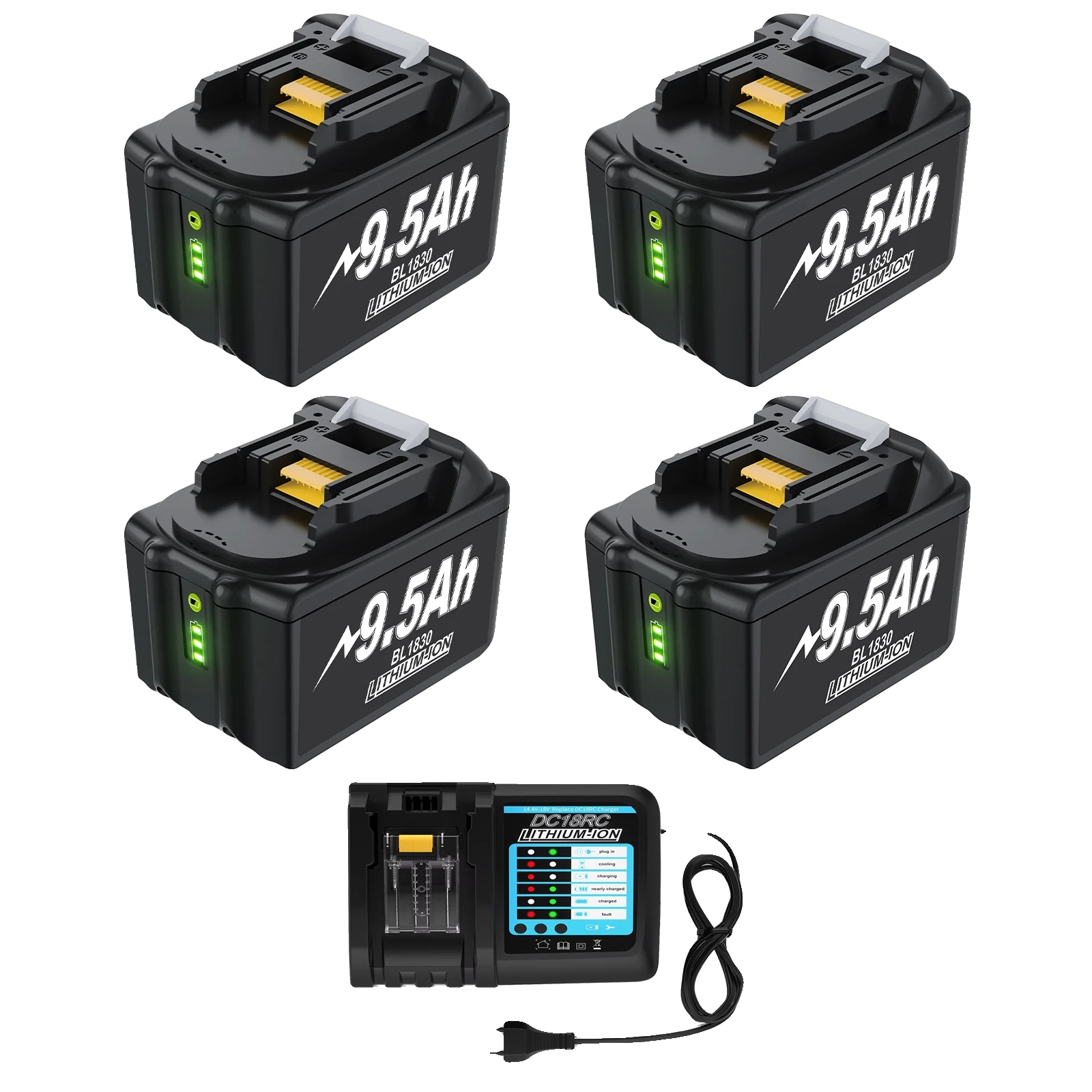 Akku, 9500 Mah Kapazität, Breite Kompatibilität, 4 X 9,5 Ah Mit Ladegerät, 18 V