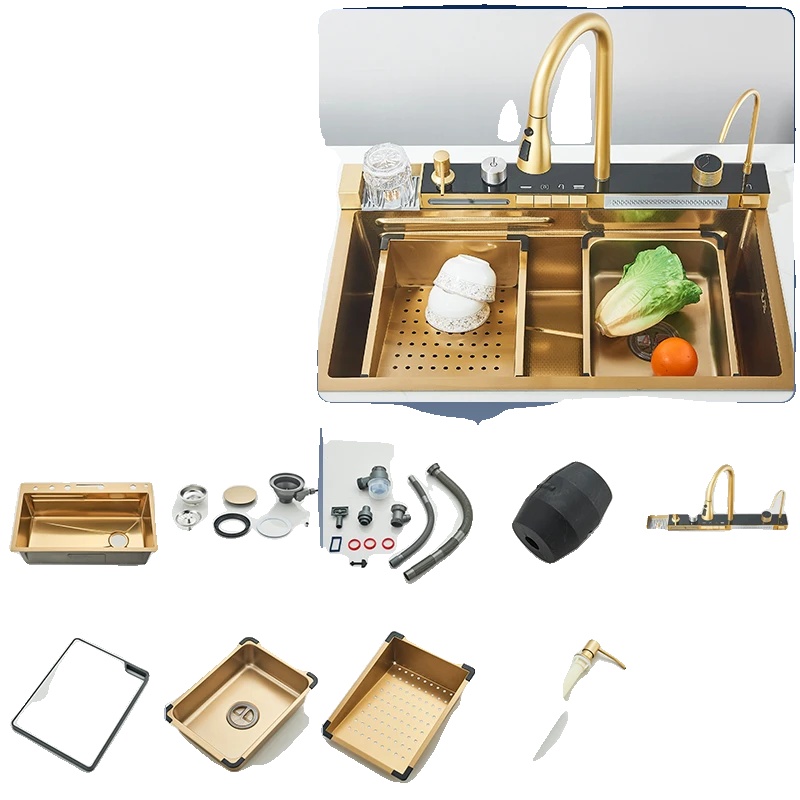 Küchenspüle, Edelstahl, Multifunktionale Armatur, Gebürstetes Gold A