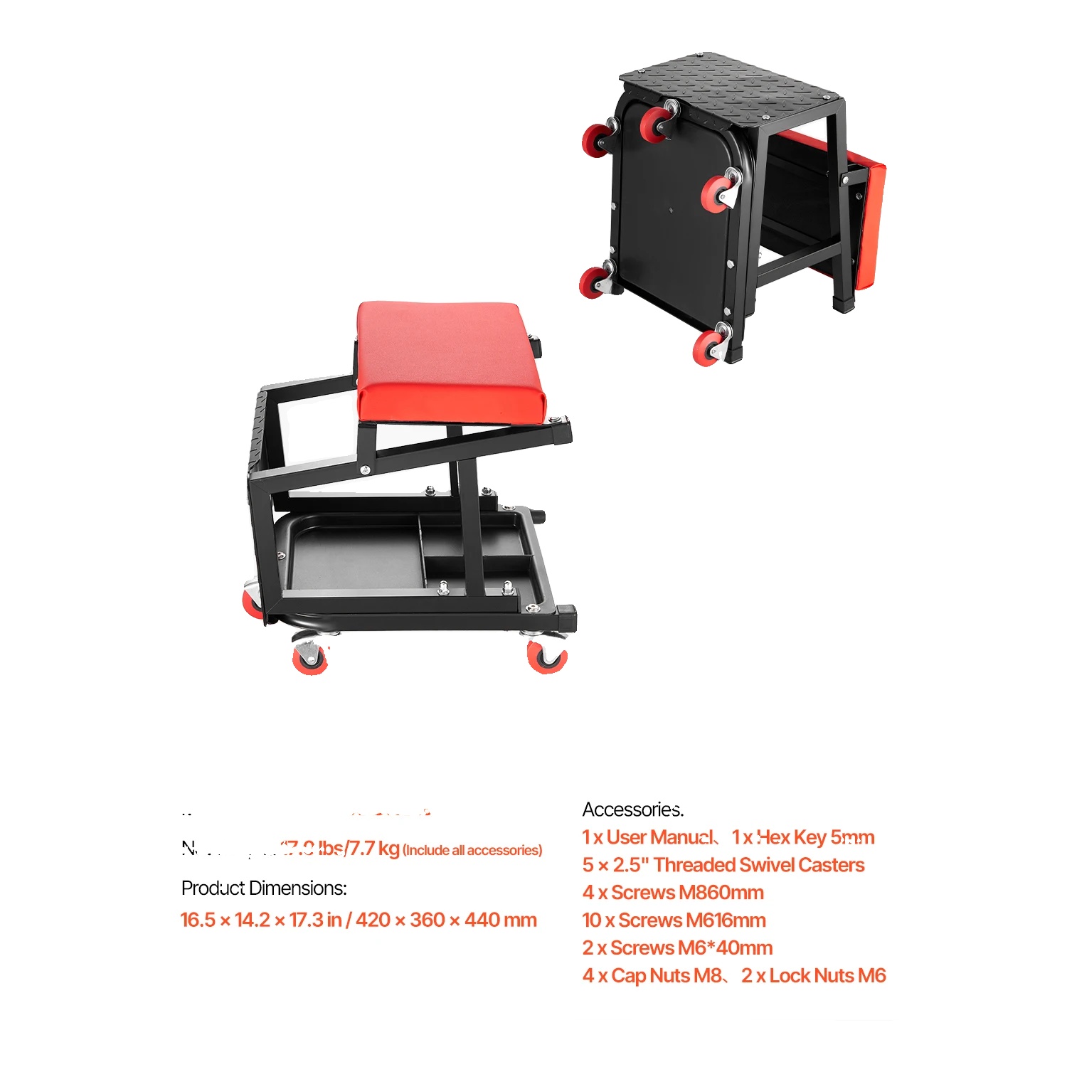 Mechanikerhocker, Tragkraft 300 Pfund, Mit Lenkrollen