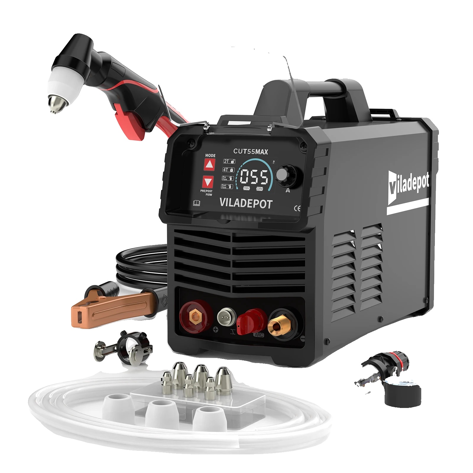 Plasmaschneider, Spannung 220 V ± 15 %, Stromstärke 15–55 A, Maximale Schnittstärke 15 Mm, Abmessungen 45,5 X 35,5 X 31 Cm, Gewicht 8,8 Kg