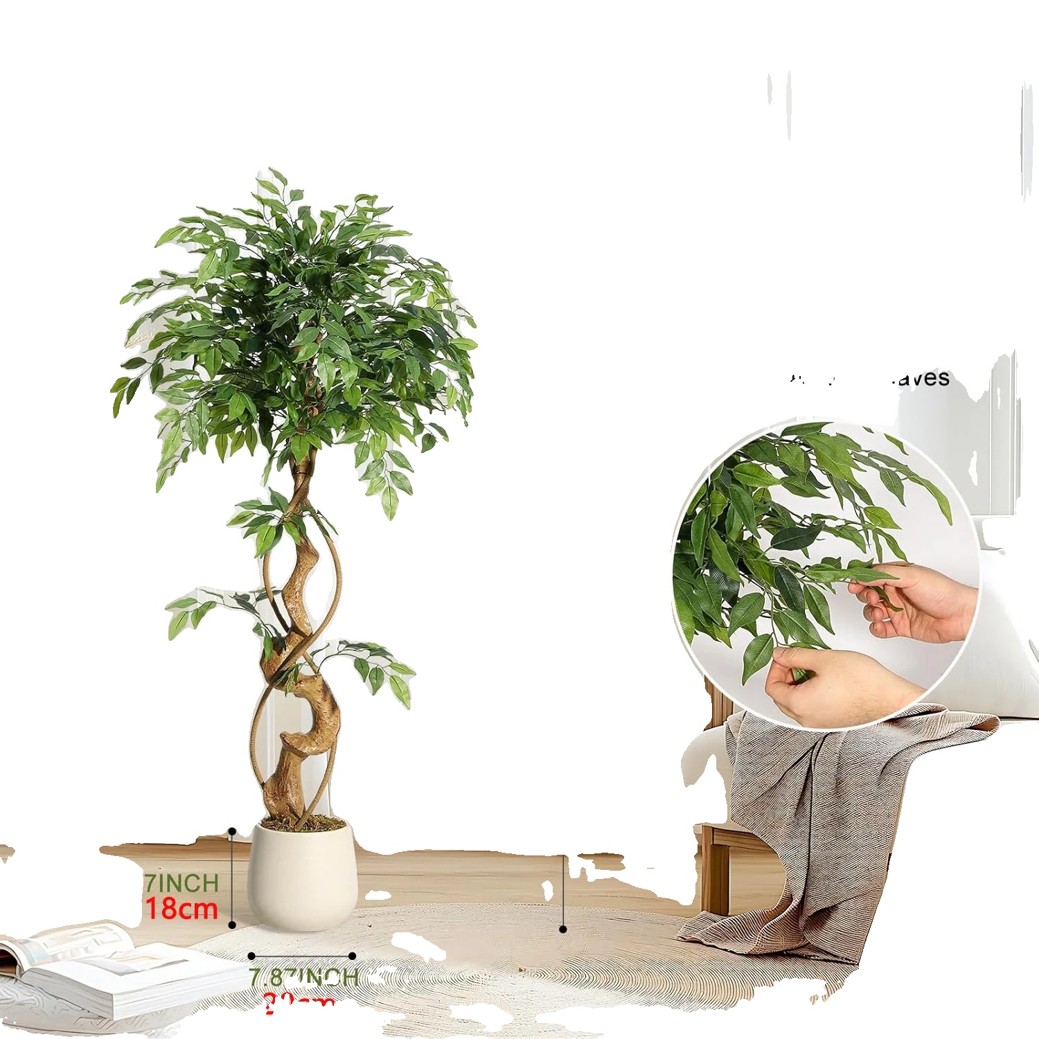 Künstlicher Ficusbaum, Gebogener Stamm, Weißer Topf, Höhe