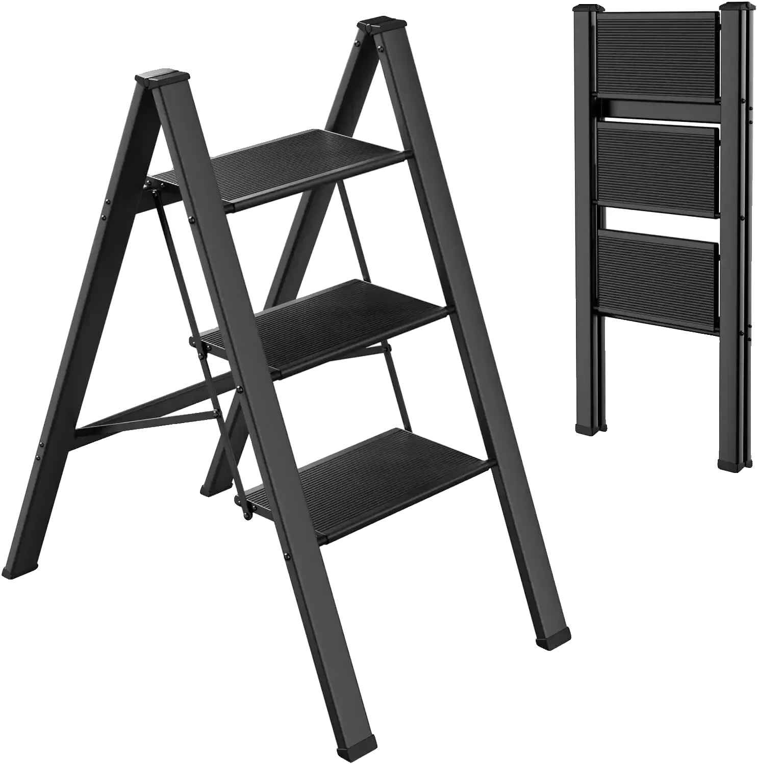 Teleskopleiter, Leicht, Rutschfestes Design, Schwarze 3-stufen-leiter