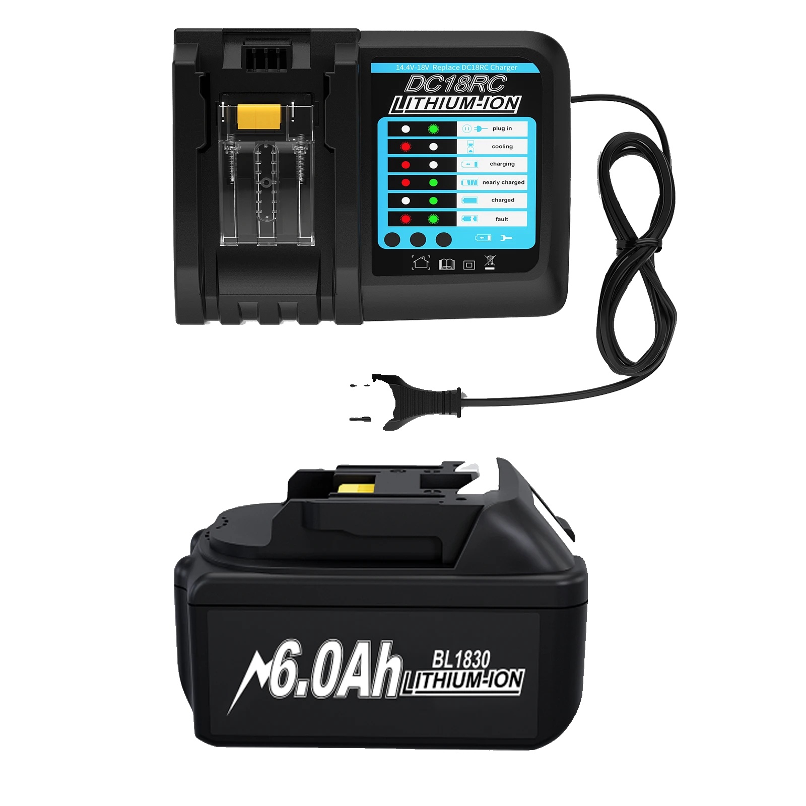 Lithium-ionen-akku, 18 V Nennspannung, Verlängerte Laufzeit, 6,0 A Einzelladegerät