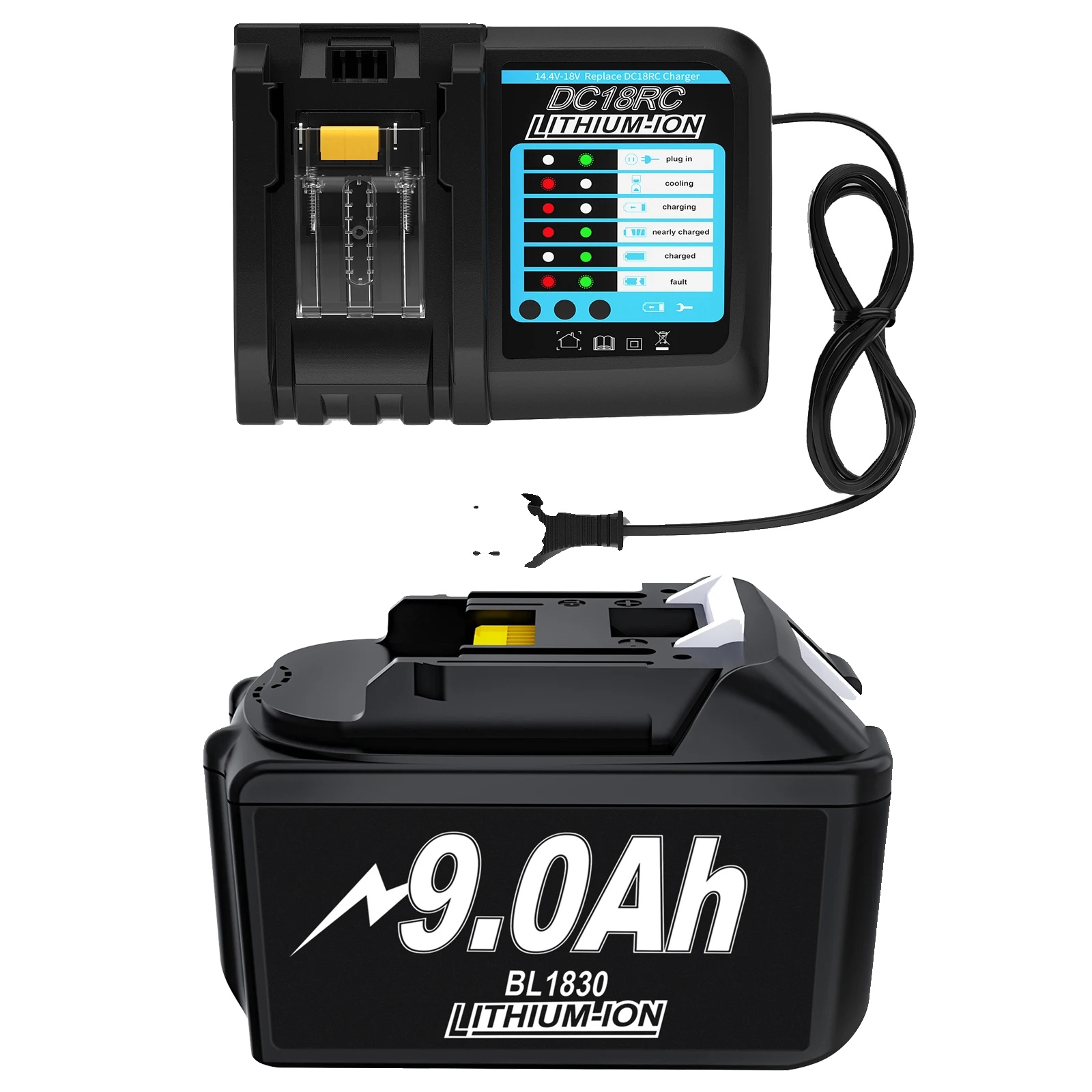 Lithium-ionen-akku, 18 V Nennspannung, Verlängerte Laufzeit, 9,0 A Einzelladegerät