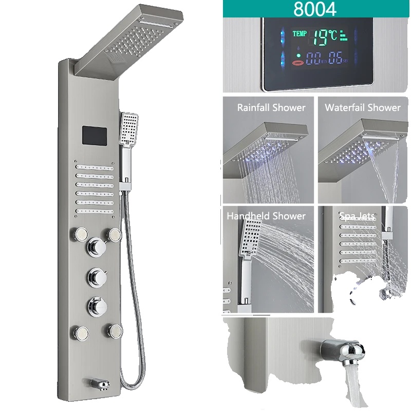 Duscharmatur-set, Regen- Und Handbrause, Digitale Led-temperaturanzeige, Mischbatterie, Gebürstet 8004