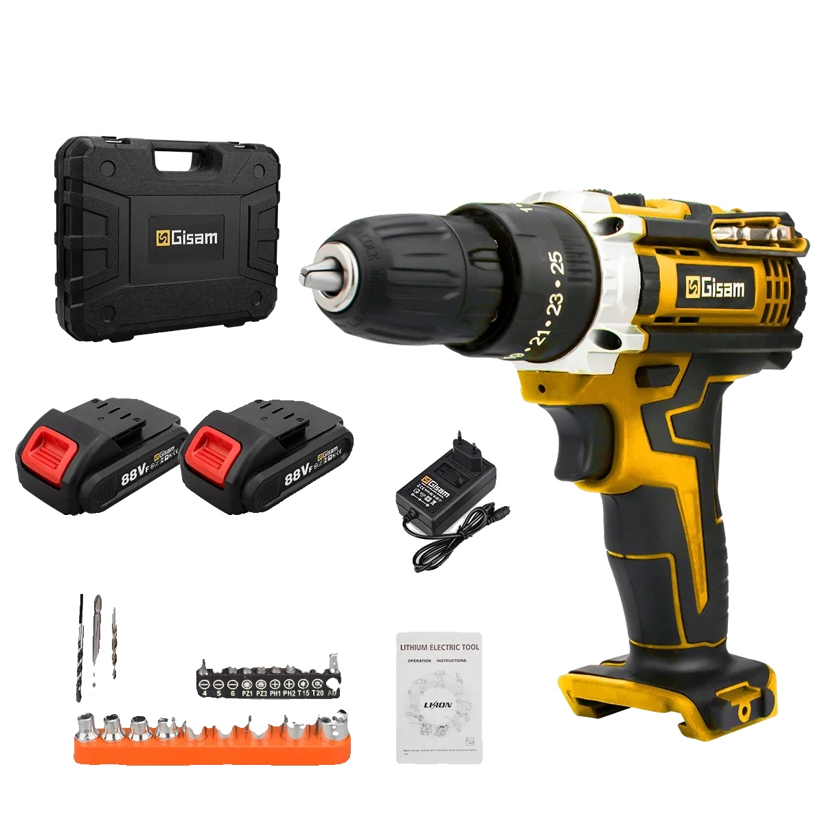 Akkuschrauber, 25+3 Drehmomenteinstellungen, Hocheffizienter Motor, Gelber Kunststoffkoffer