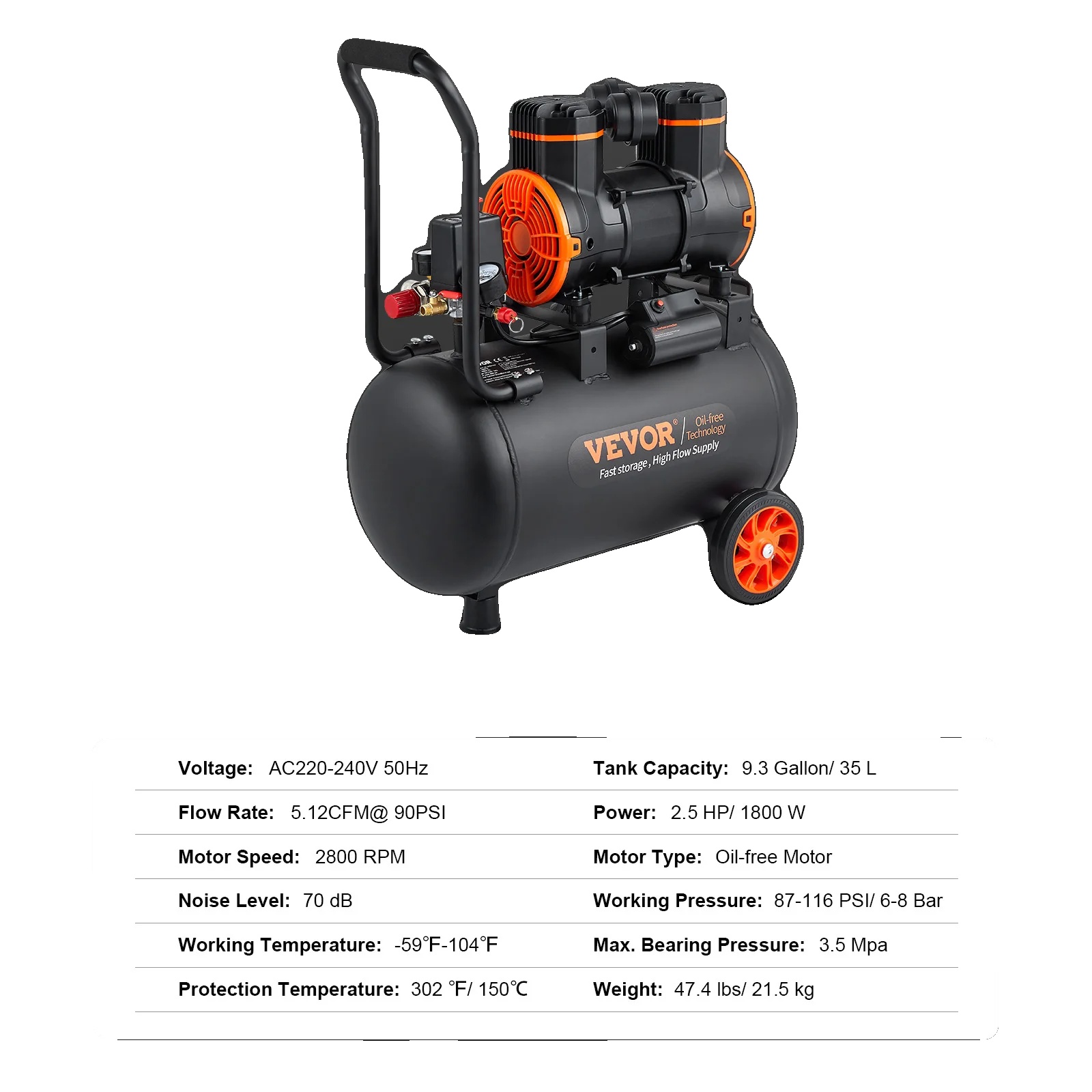 Luftkompressor, Ölfrei, Tragbar Und Effizient, 35 L, 1800 W