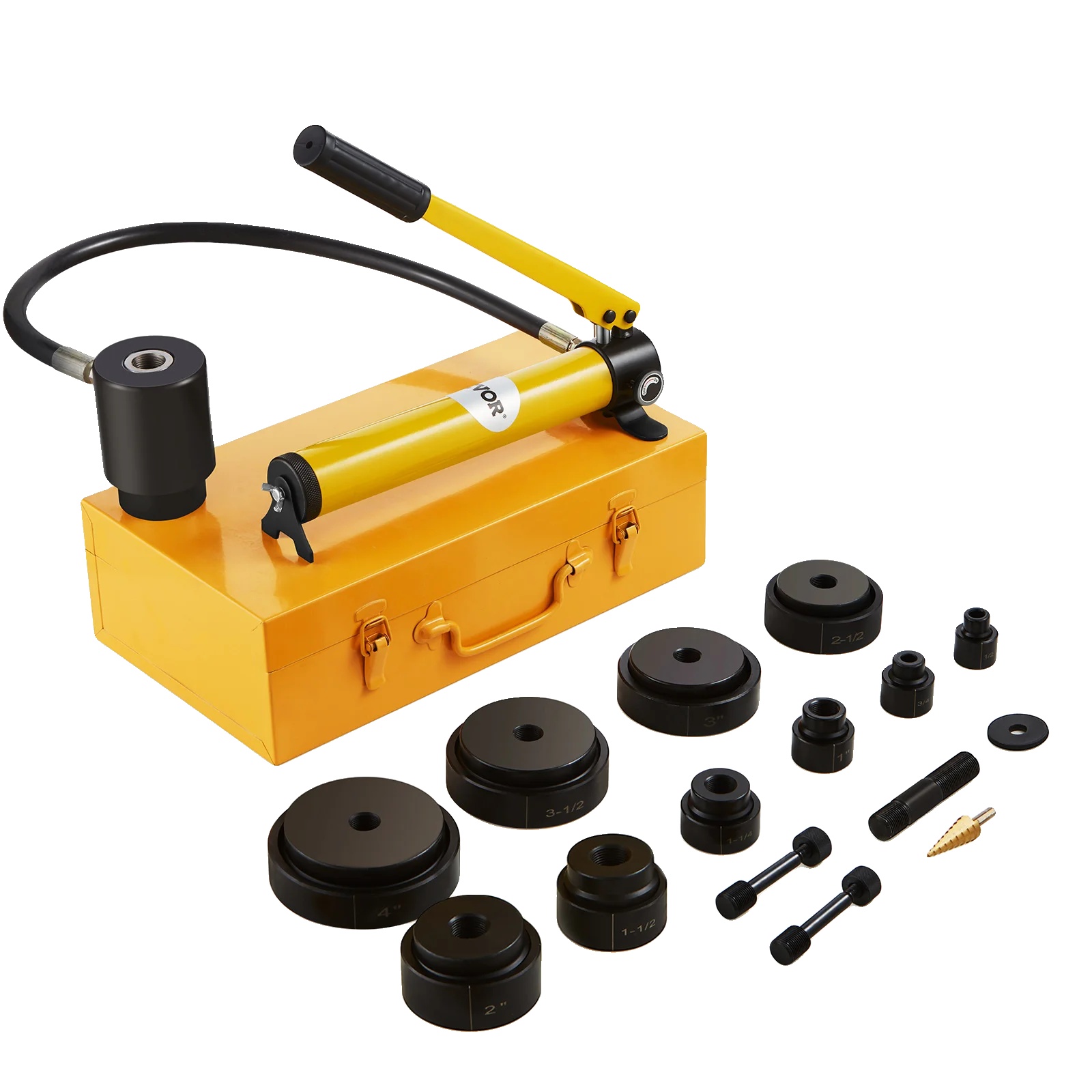 Hydraulisches Stanzset, 15 Tonnen Druck, Stanzbereich Von 1/2" Bis 4", Maximale Dicke 0,1" (kohlenstoffstahl), Inklusive 10 Stanzwerkzeugen, Kompakte Bauweise