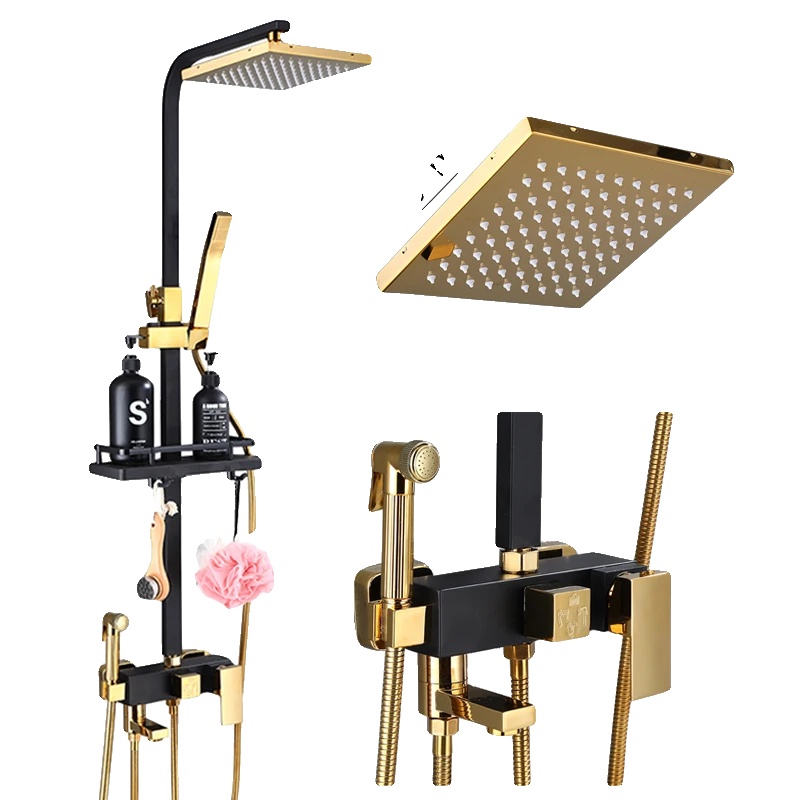 Duscharmatur-set, Regenduschfunktion, Höhenverstellbar, Schwarzgold
