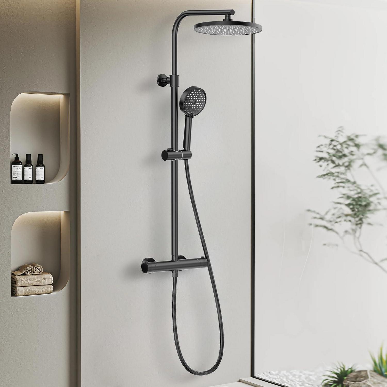 Duschsystem Thermostat Schwarz Mit 25cm Regendusche, 3 Strahlarten Handbrause, Höhenverstellbar
