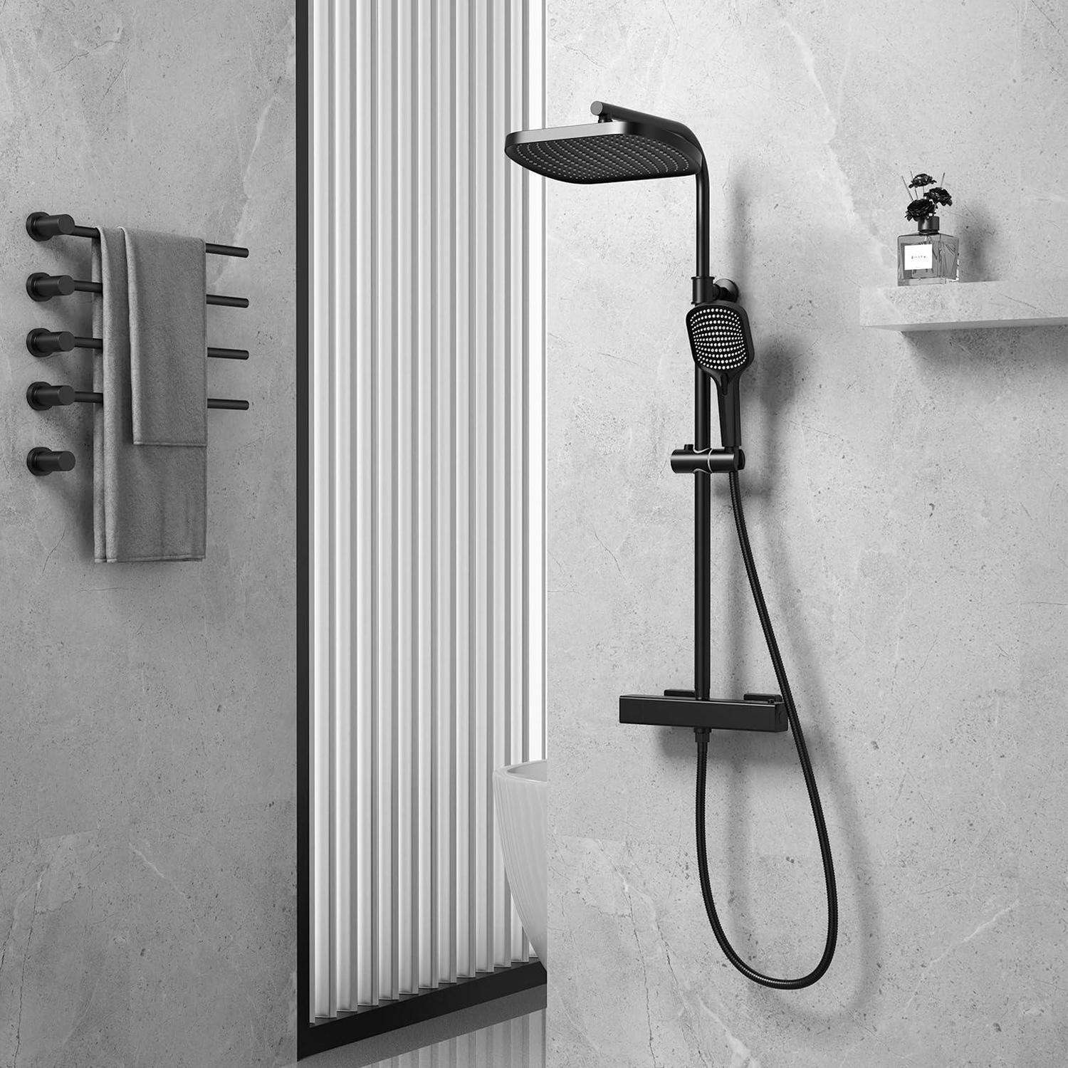 Duschsystem Thermostat Schwarz Mit 32cm Regendusche, 3 Strahlarten Handbrause, Höhenverstellbar